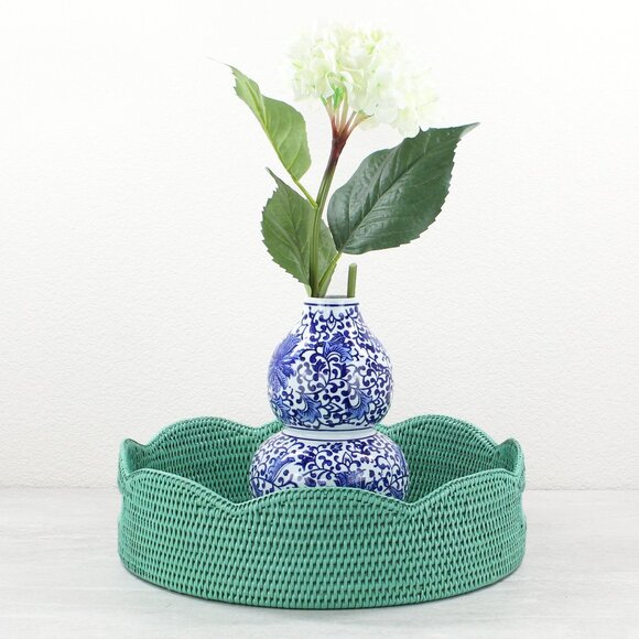 NEW Tight Woven Scalloped Round Rattan Tray -Turquoise